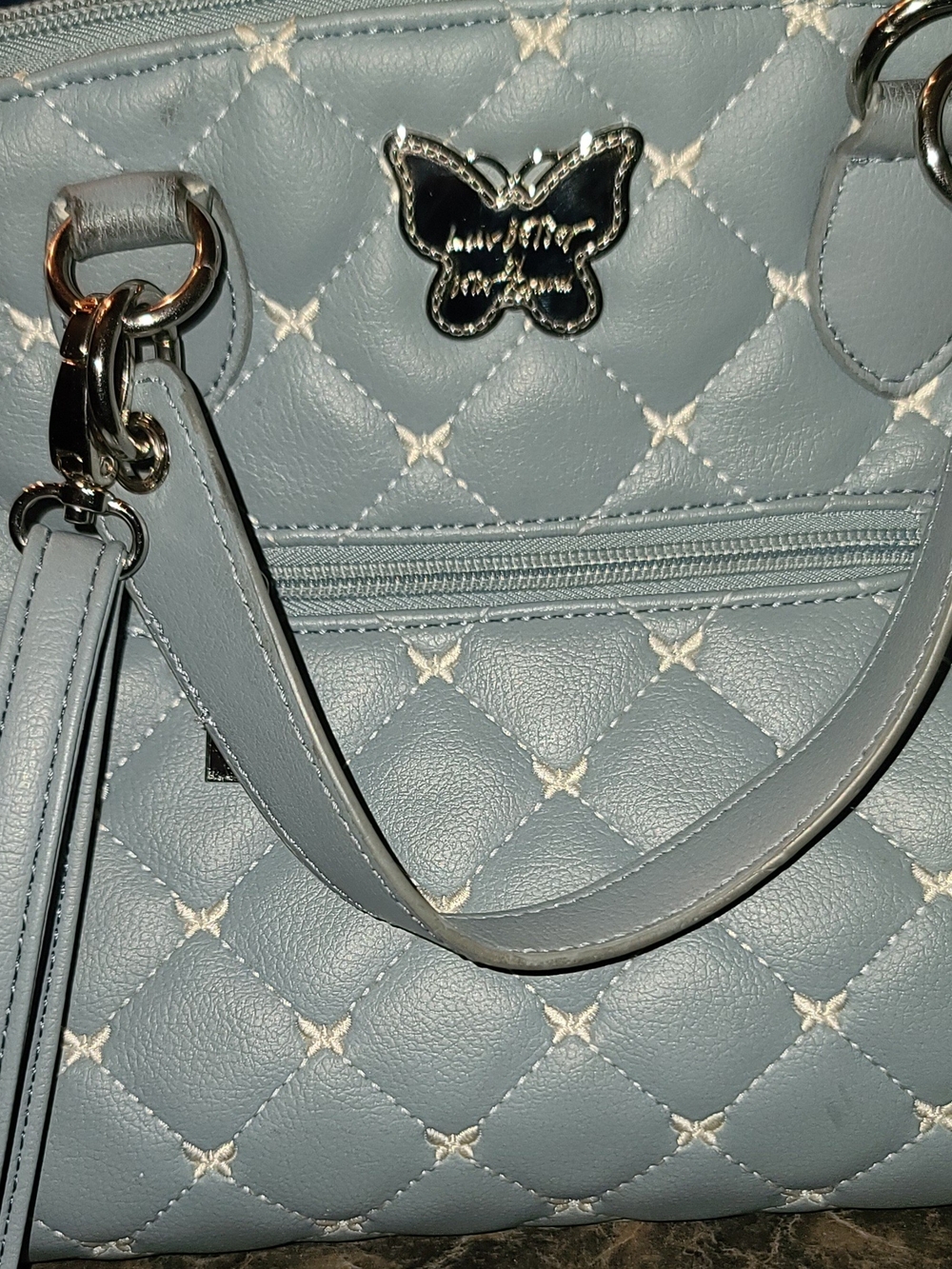 Betsey Johnson Quilted Light Blue Handbag with Butterfly Accent EUC